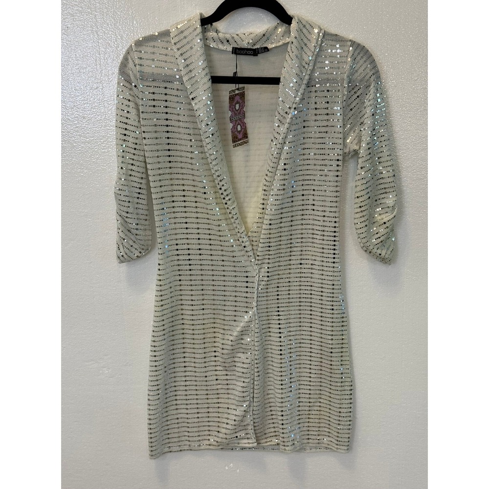 NWT Boohoo Metallic Sequin Blazer Mini White Silver Bodycon Cocktail‎ Dress Sz 6